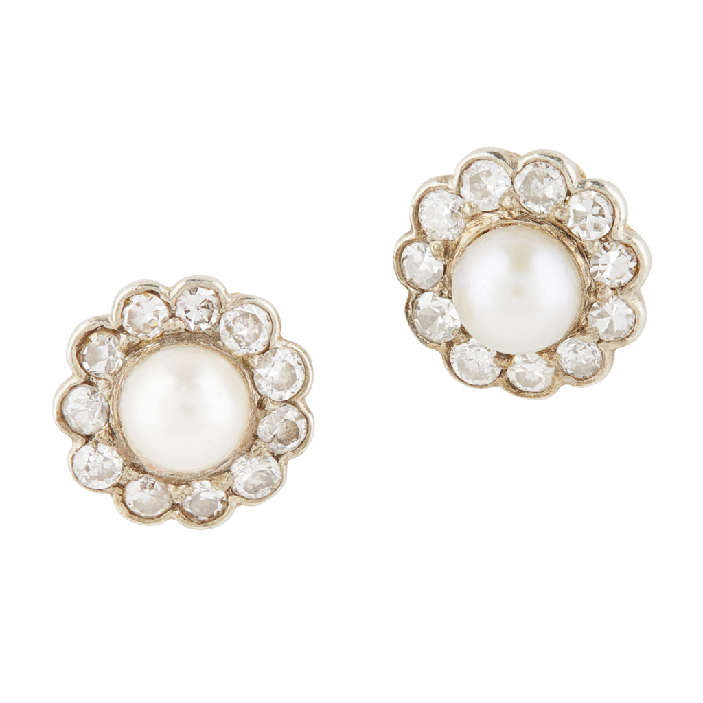 A pair of pearl and diamond set cluster earrings