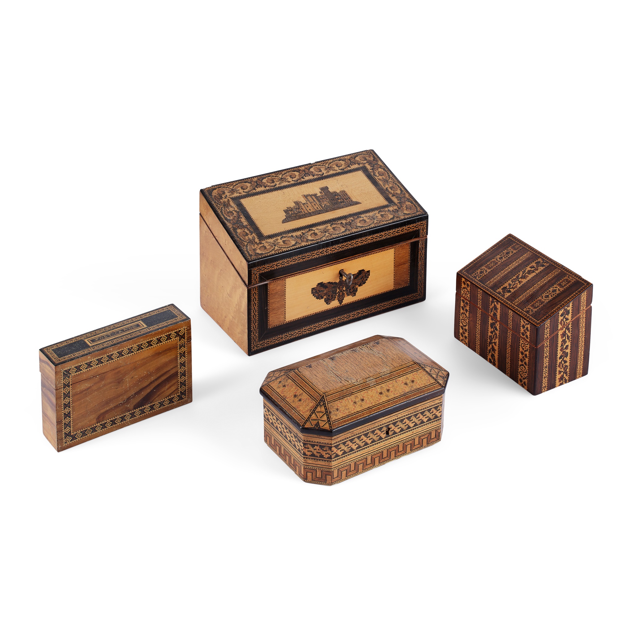FOUR VARIOUS TUNBRIDGE WARE STATIONERY BOXES