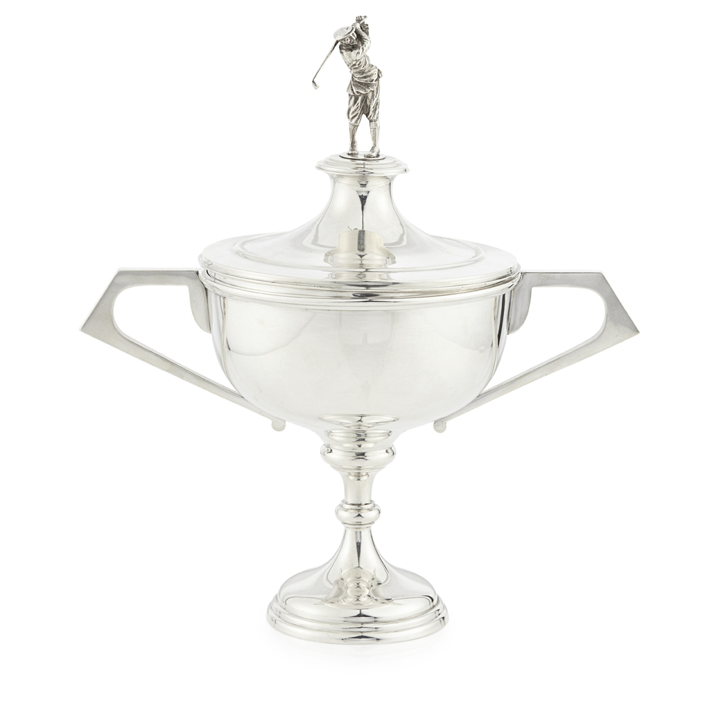 A modern golfing twin handled cup with cover