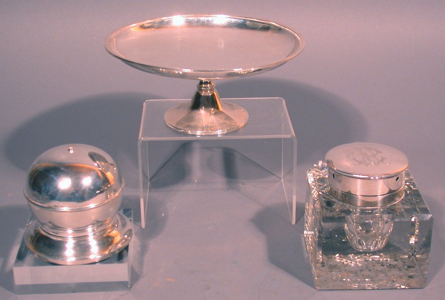 A silver mounted glass inkwell/calendar
