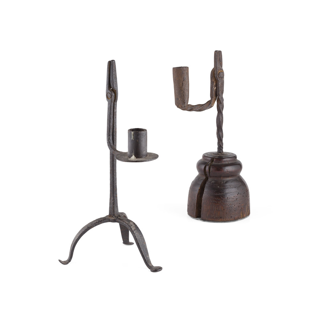 TWO WROUGHT IRON RUSH LIGHT AND CANDLEHOLDERS