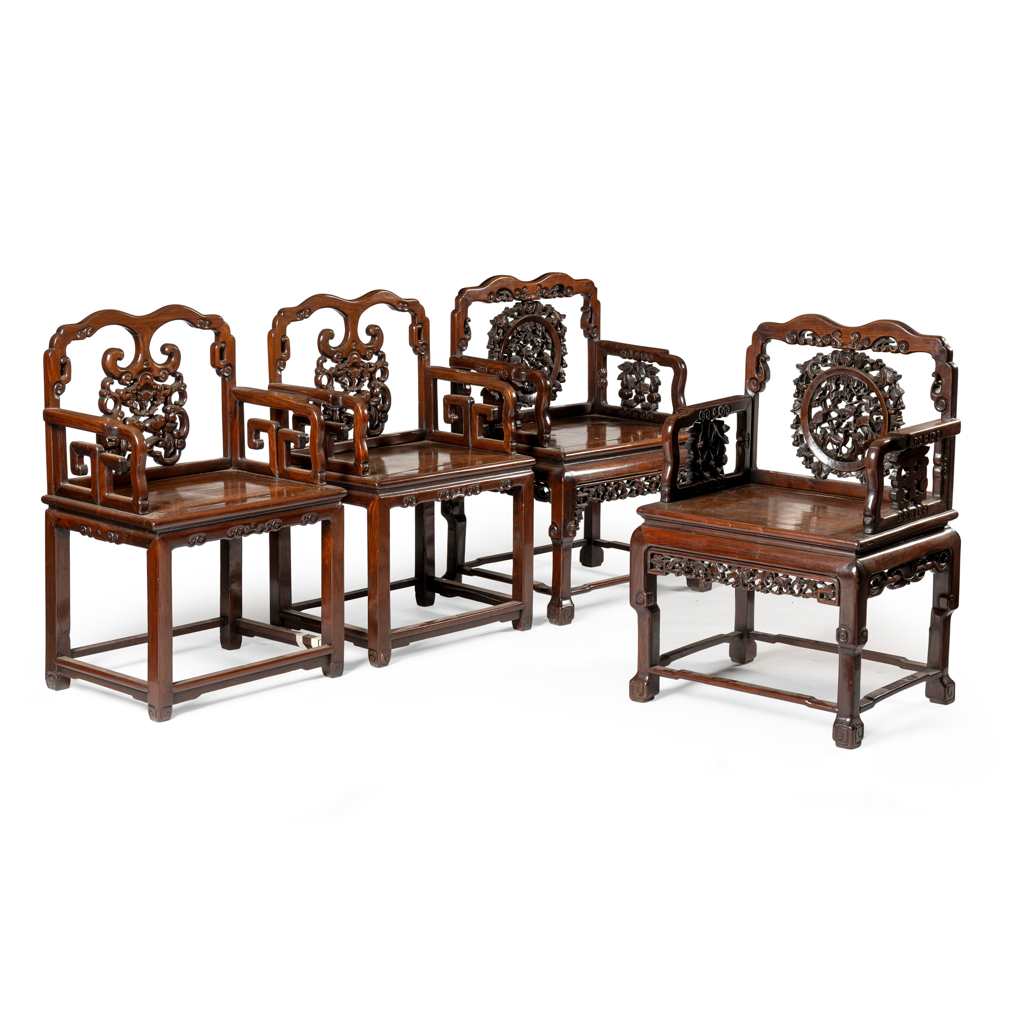 TWO PAIRS OF CHINESE HARDWOOD ARMCHAIRS