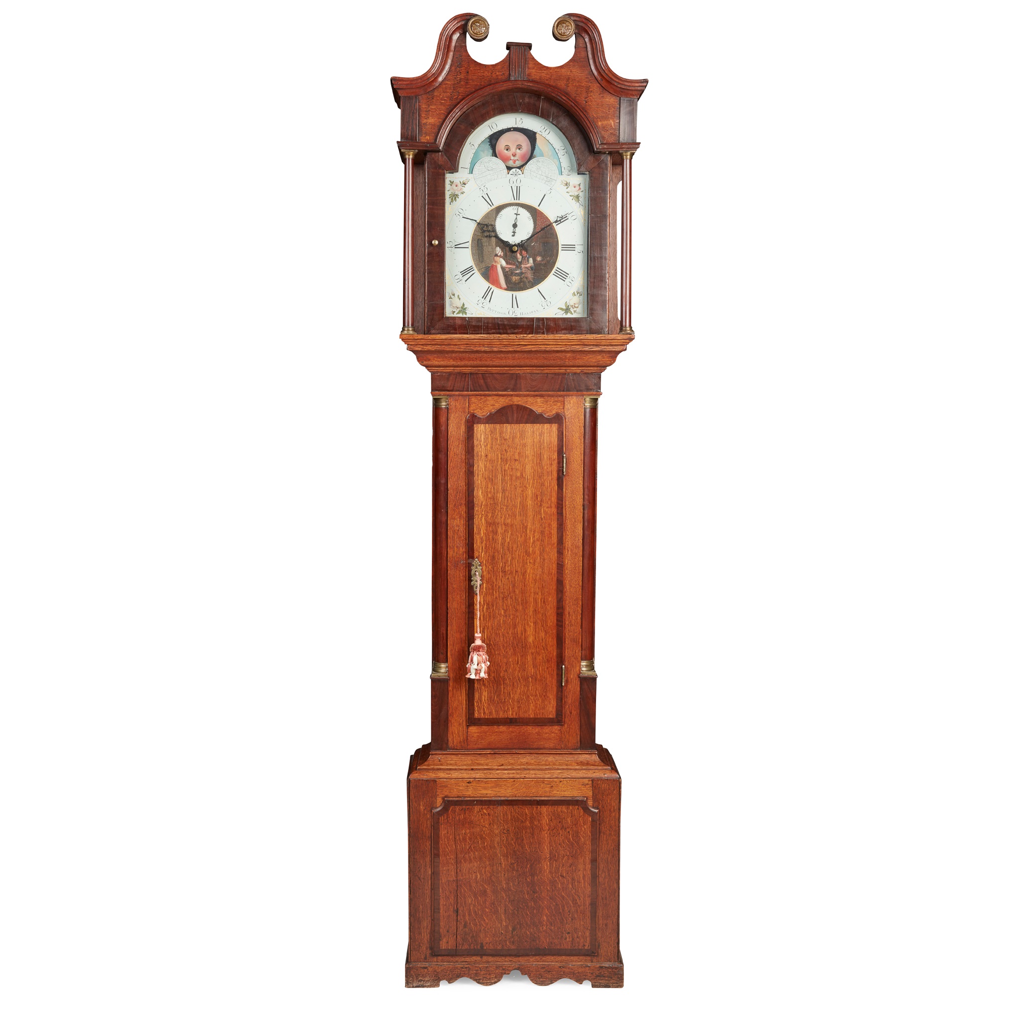 GEORGE III OAK AND MAHOGANY MOONPHASE LONGCASE CLOCK, JOHN PATTISON, HALIFAX