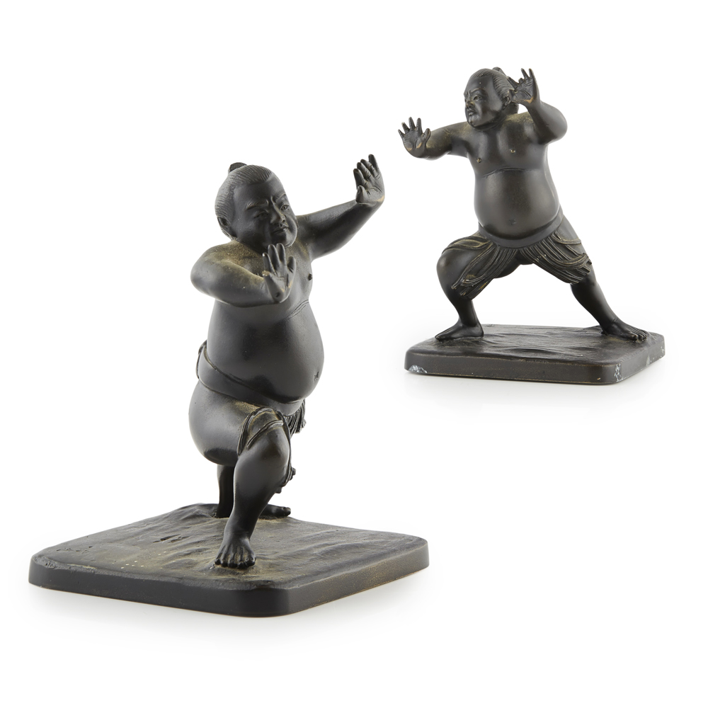 PAIR OF BRONZE FIGURES OF SUMO WRESTLERS, RIKISHI