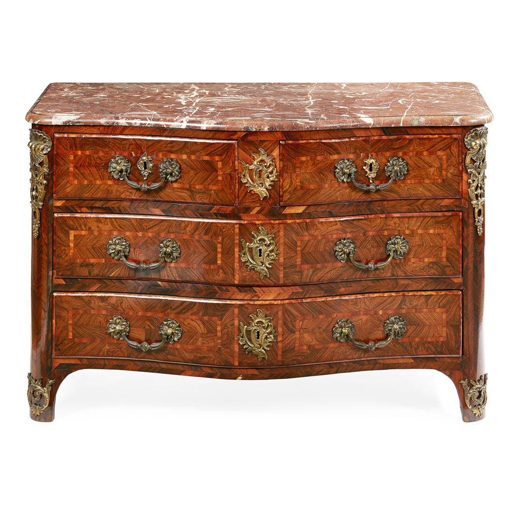 FRENCH REGENCE KINGWOOD AND ROSEWOOD PARQUETRY MARBLE TOP SERPENTINE COMMODE