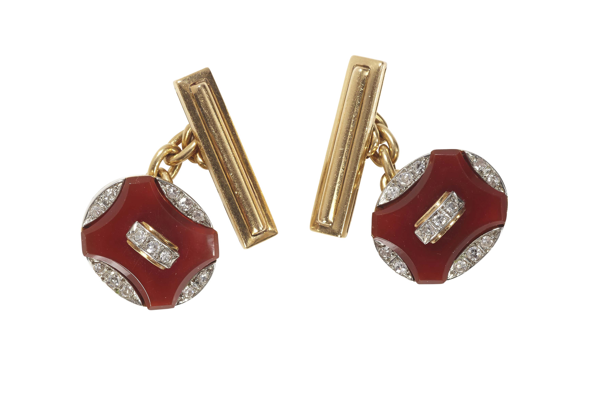 A pair of Art Deco diamond and cornelian set cufflinks