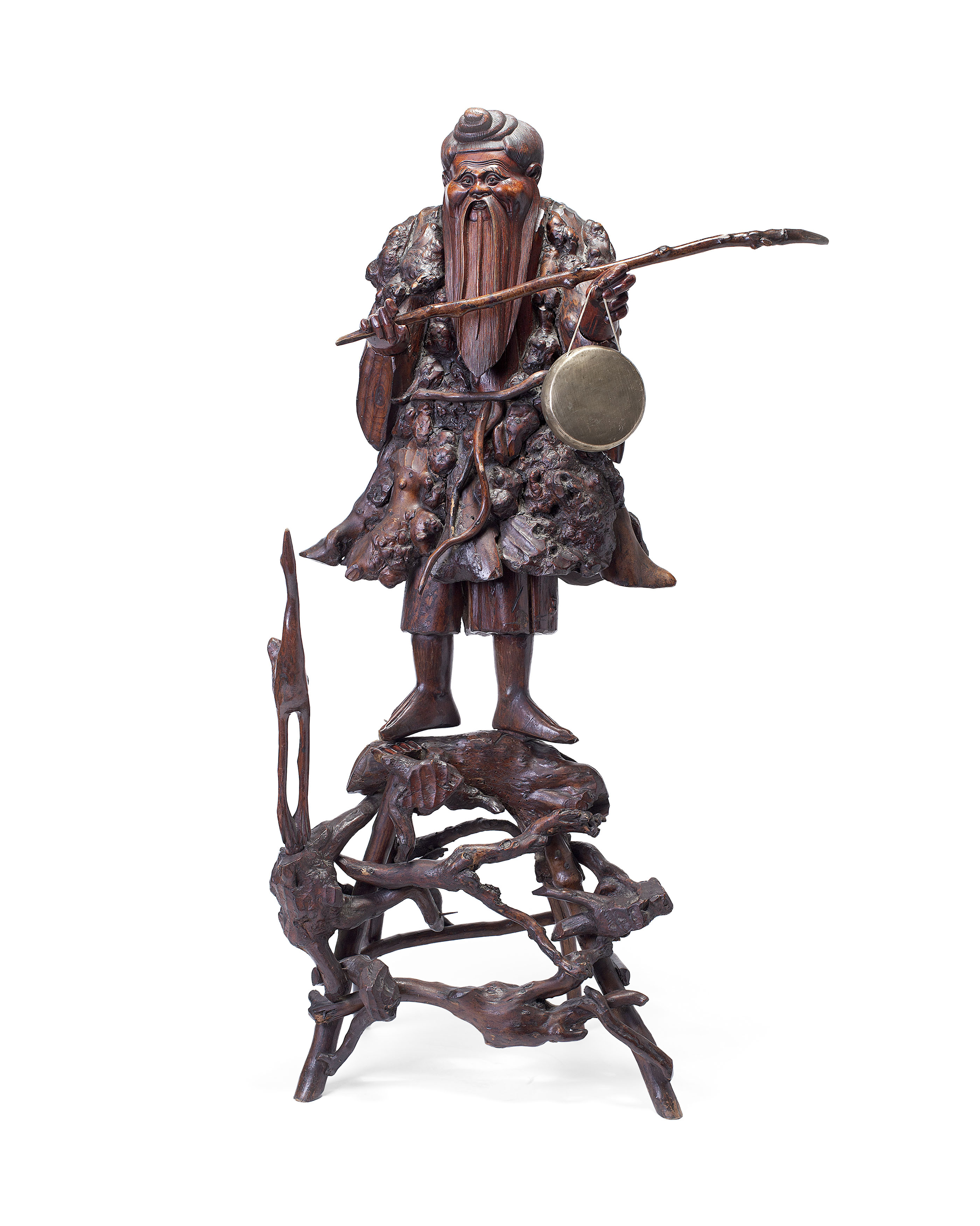CHINESE CARVED ROOTWOOD FIGURE WITH GONG