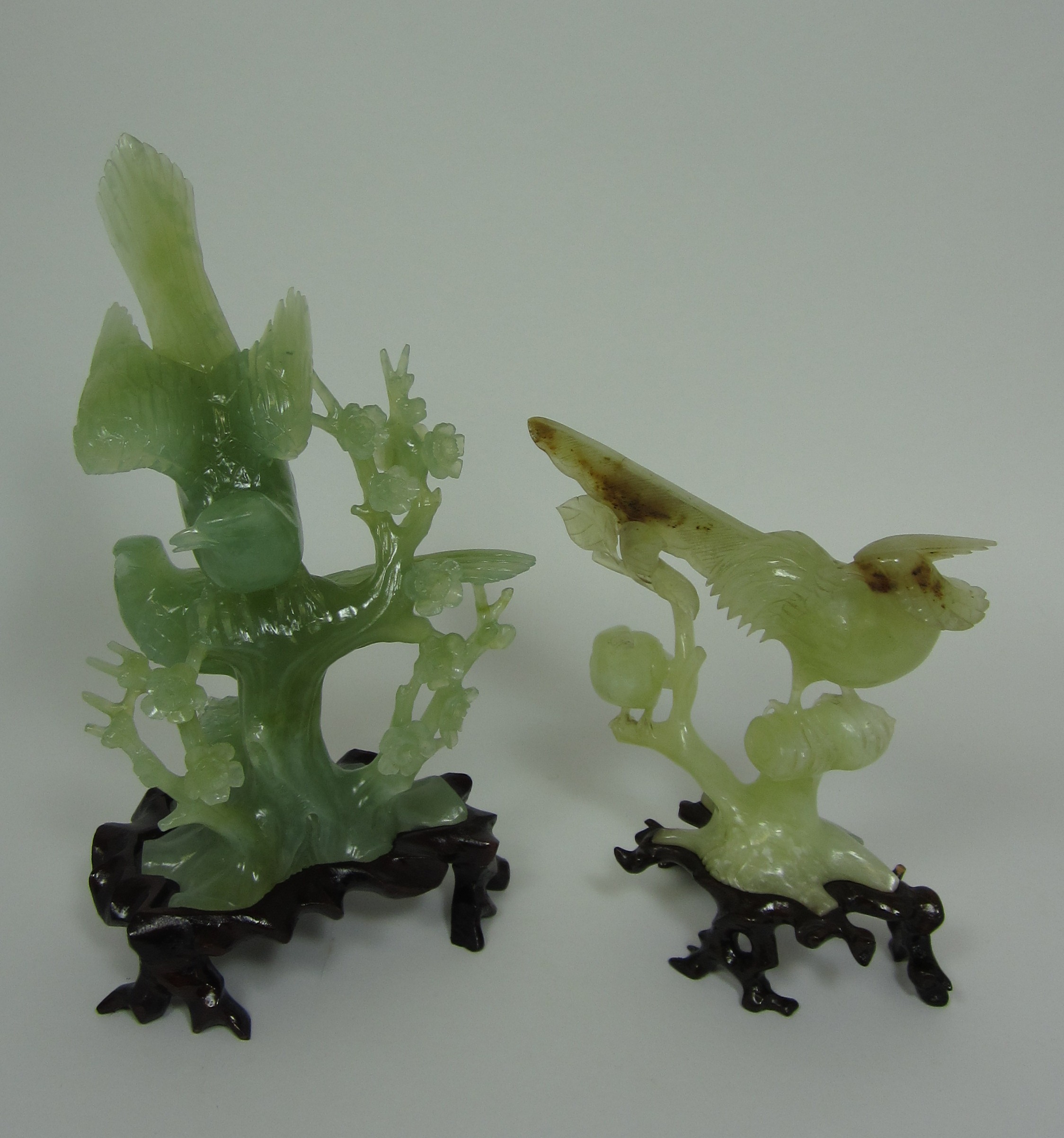 TWO LARGE CHINESE JADEITE CARVED BIRD FIGURE GROUPS