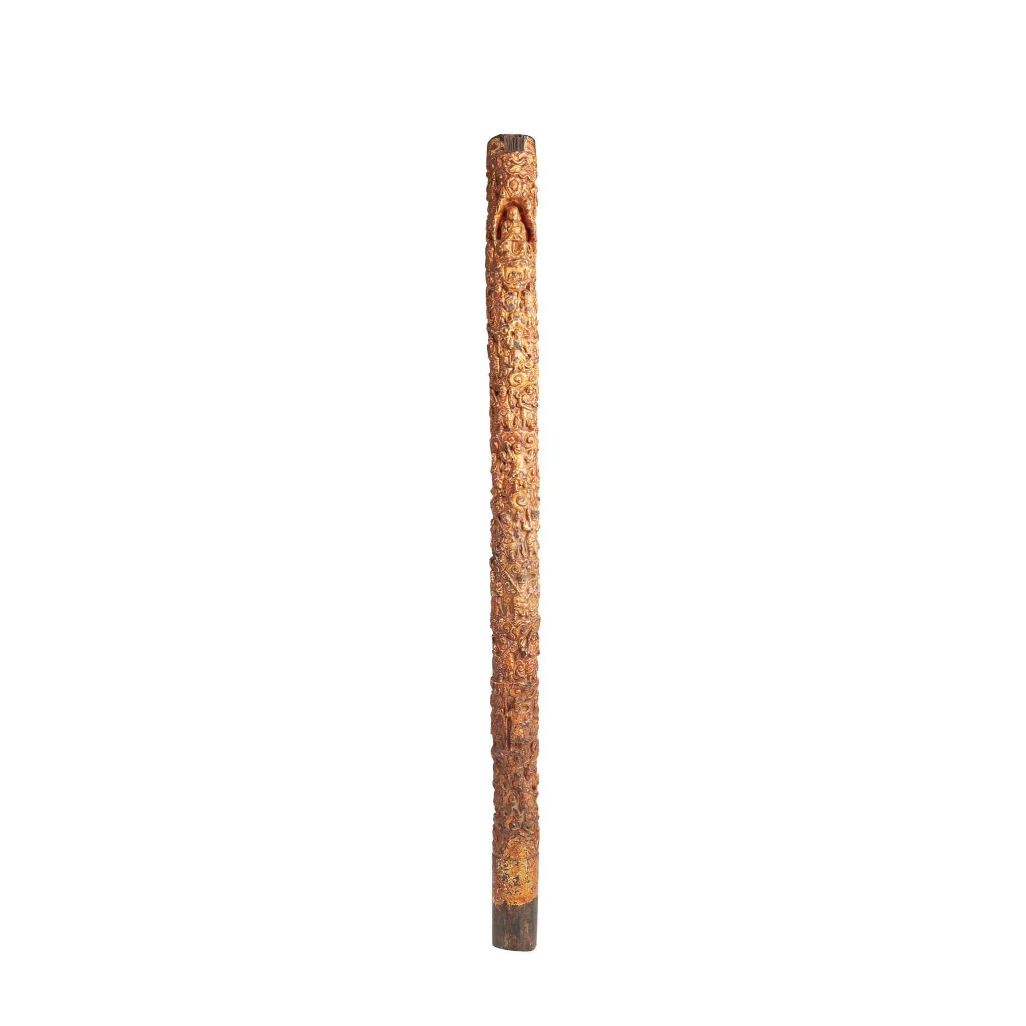 GILT-DECORATED HARDWOOD STAFF WITH DAOIST IMMORTALS