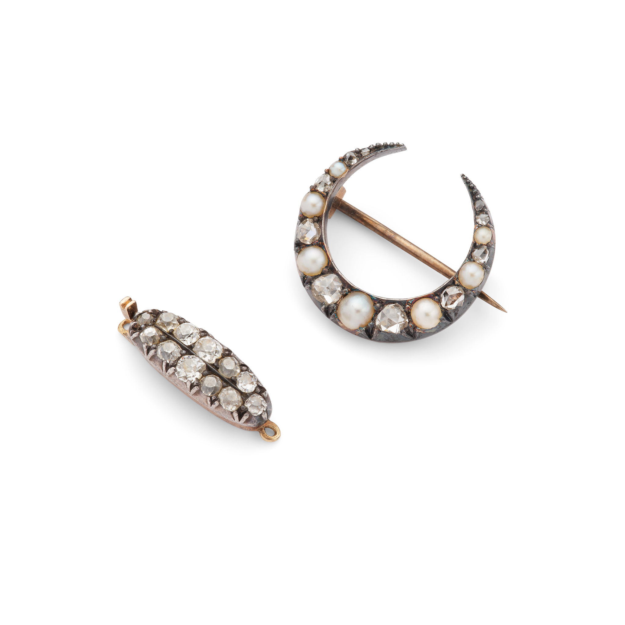 A pearl and diamond crescent brooch