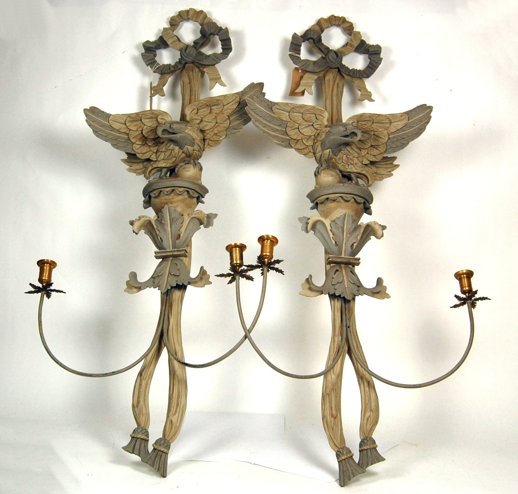 PAIR OF GREY PAINTED GEORGE III STYLE WALL SCONCES