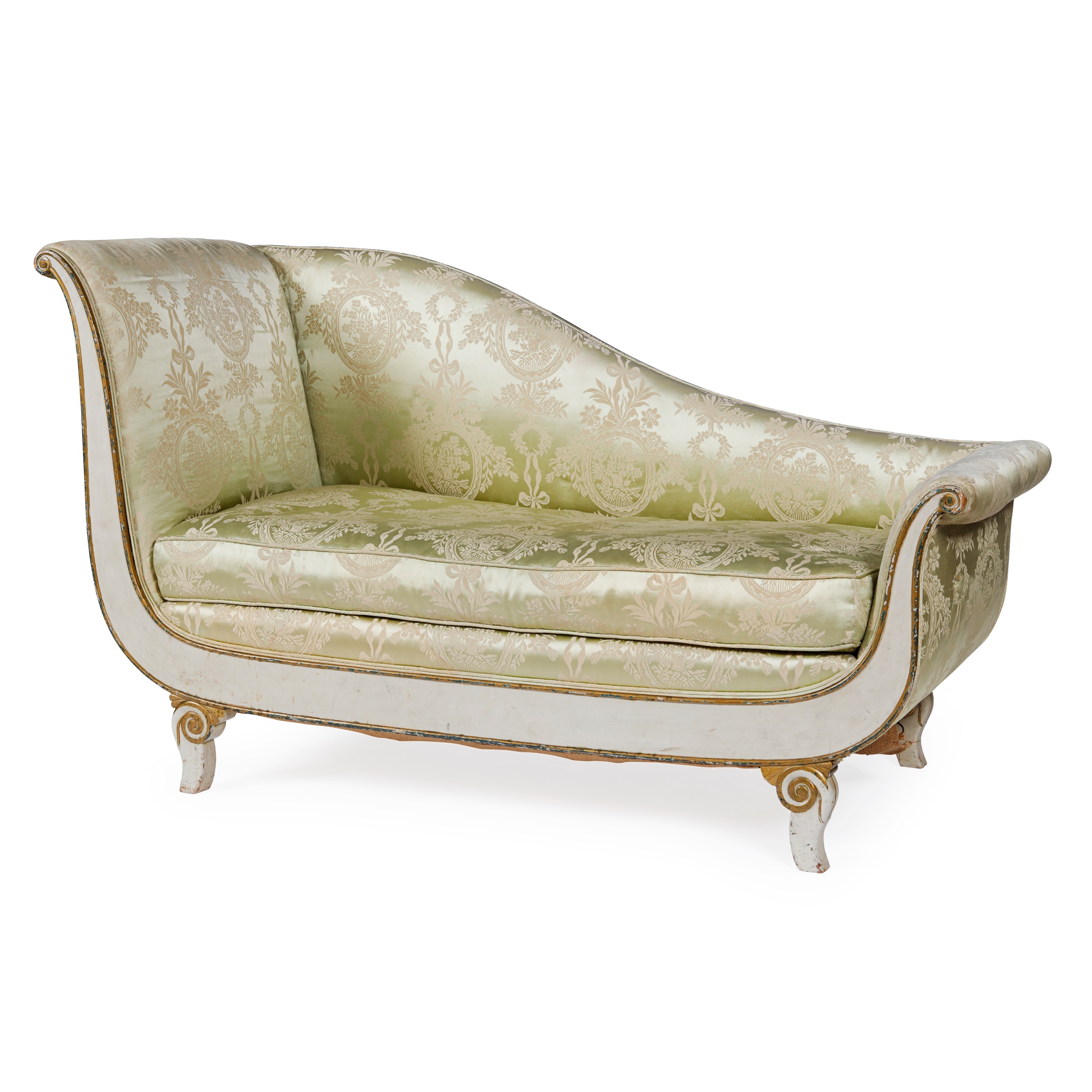 FRENCH EMPIRE CREAM PAINTED AND GILT WOOD FRAMED CHAISE LONGUE
