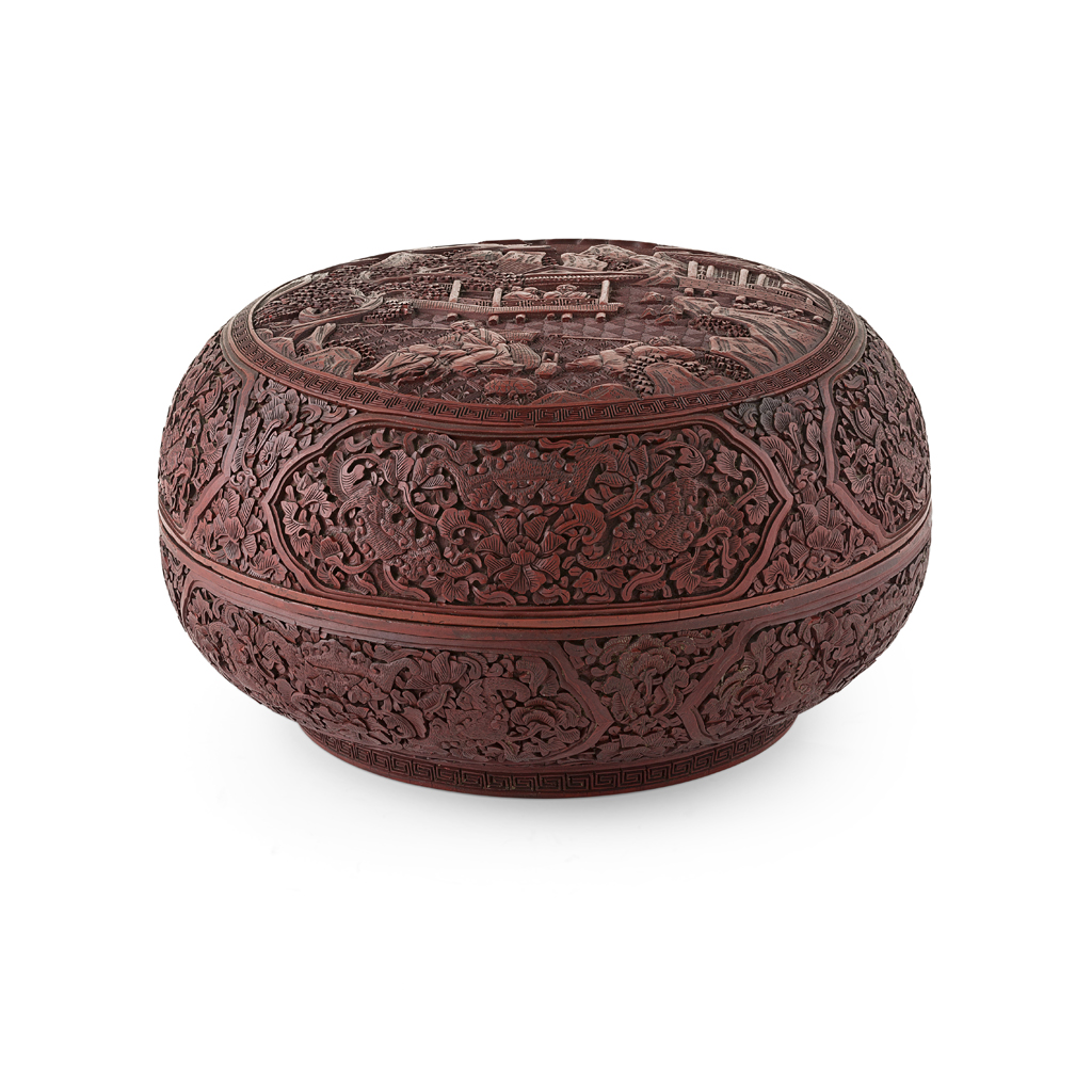 CINNABAR LACQUER CIRCULAR BOX AND COVER