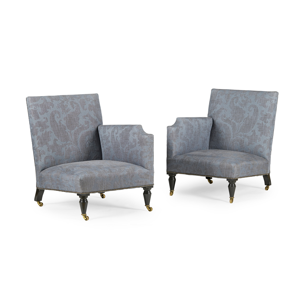 PAIR OF UPHOLSTERED CORNER ARMCHAIRS