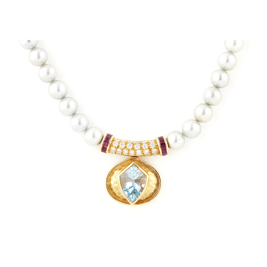 A contemporary diamond and multi-gem set pendant necklace