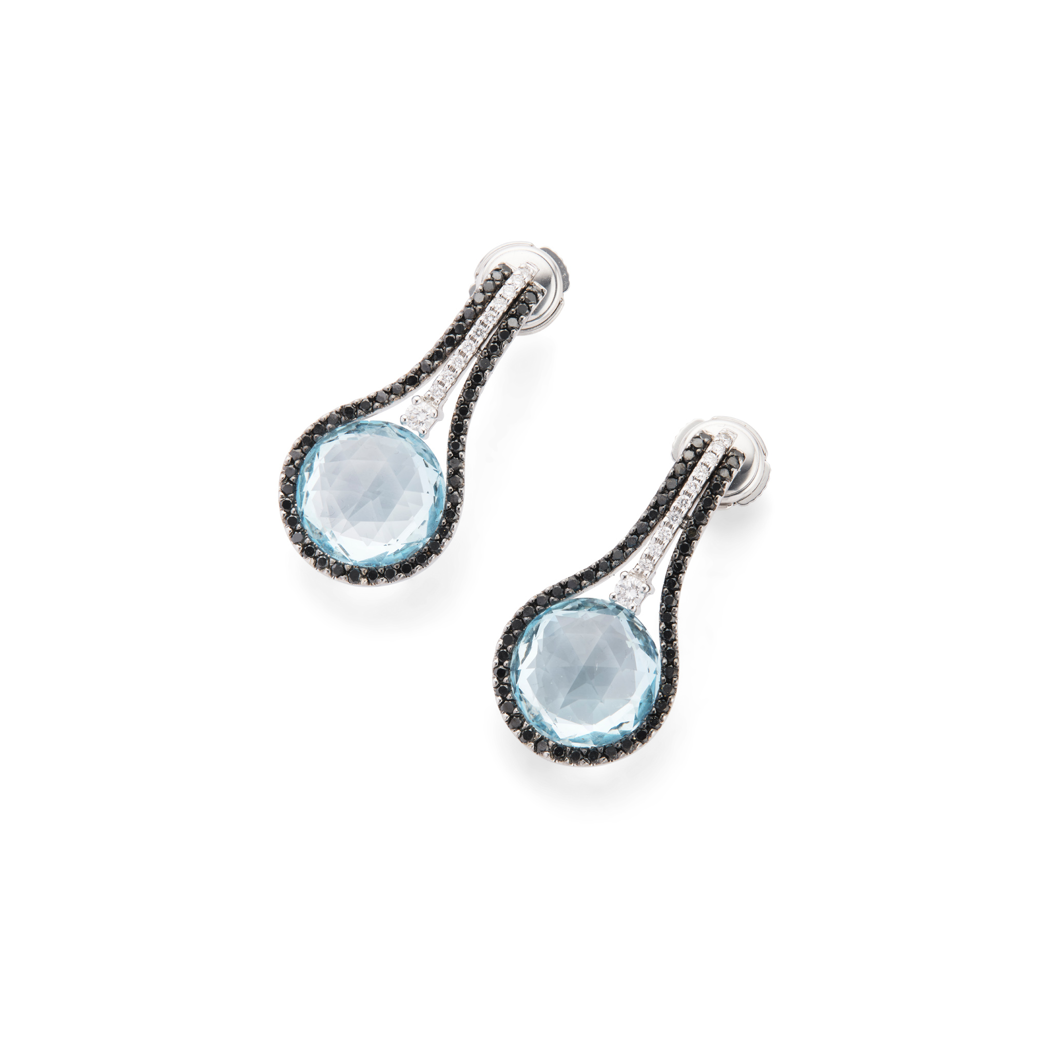 Poniros: A pair of blue topaz, black and colourless diamond pendent earrings