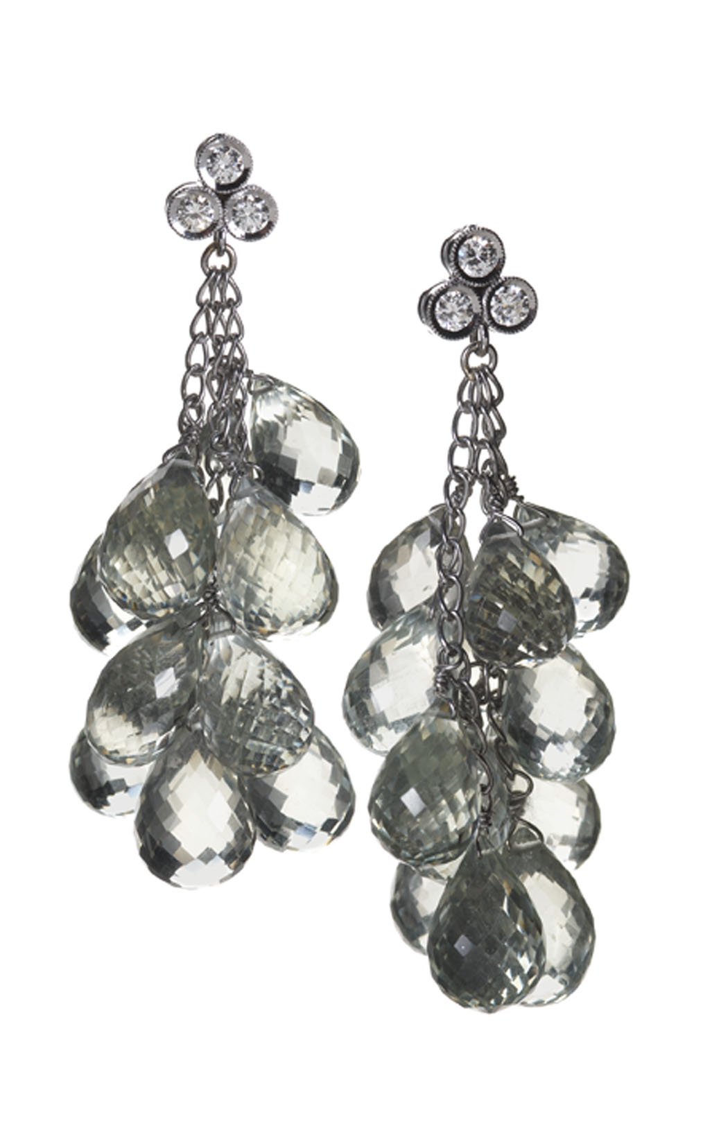 A stunning pair of prasiolite and diamond pendant earrings,