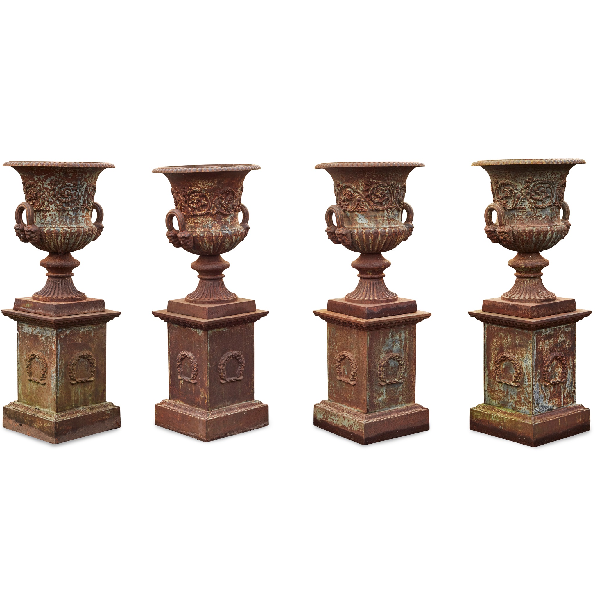 SET OF FOUR CAST IRON GARDEN URNS AND PLINTHS