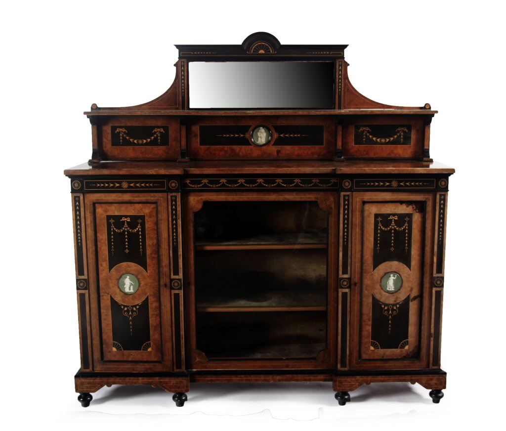 VICTORIAN WALNUT, AMBOYNA AND EBONISED CREDENZA