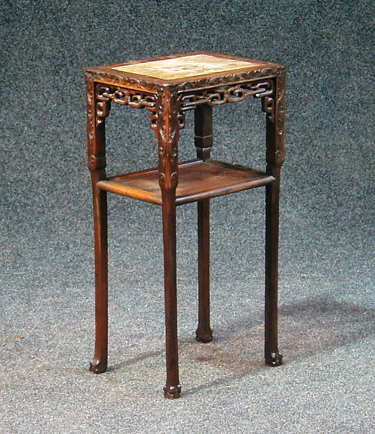 A Chinese hardwood marble topped jardiniere stand,