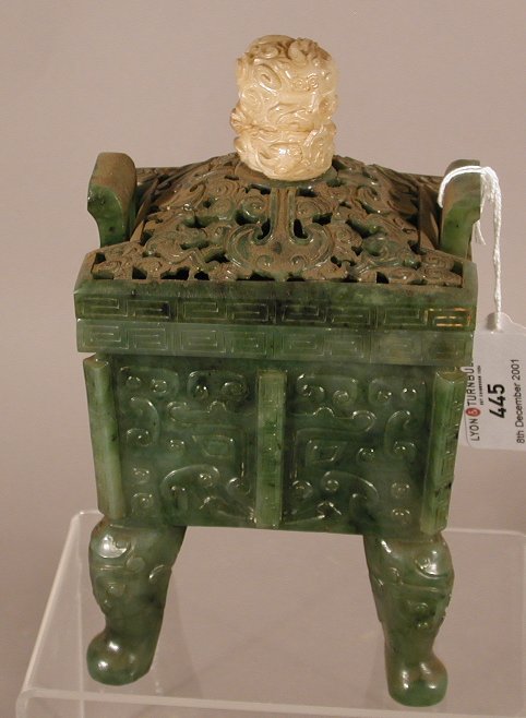 A Chinese dark spinach jade censer and cover
