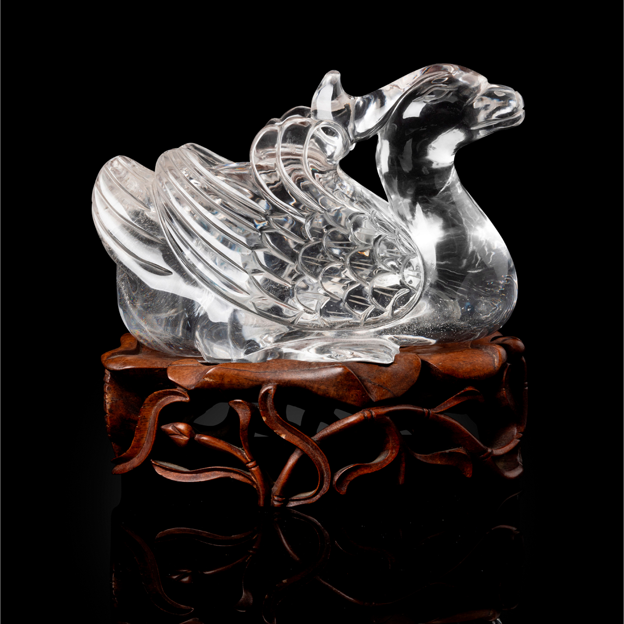 LARGE CHINESE ROCK CRYSTAL CARVING OF A MANDARIN DUCK