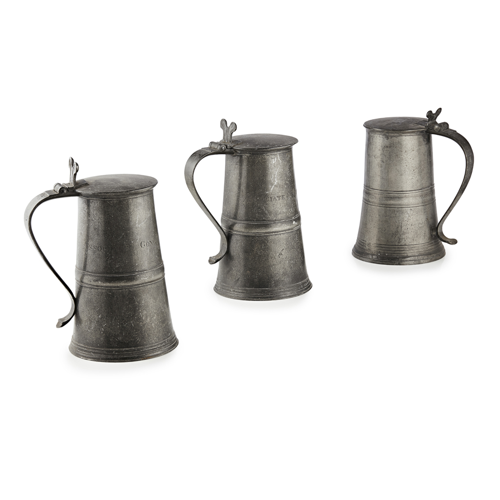 A GROUP OF THREE SCOTTISH PEWTER COMMUNION FLAGONS
