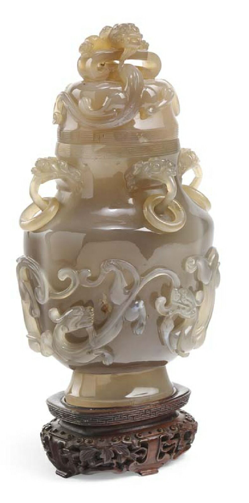 A large carved agate vase and cover