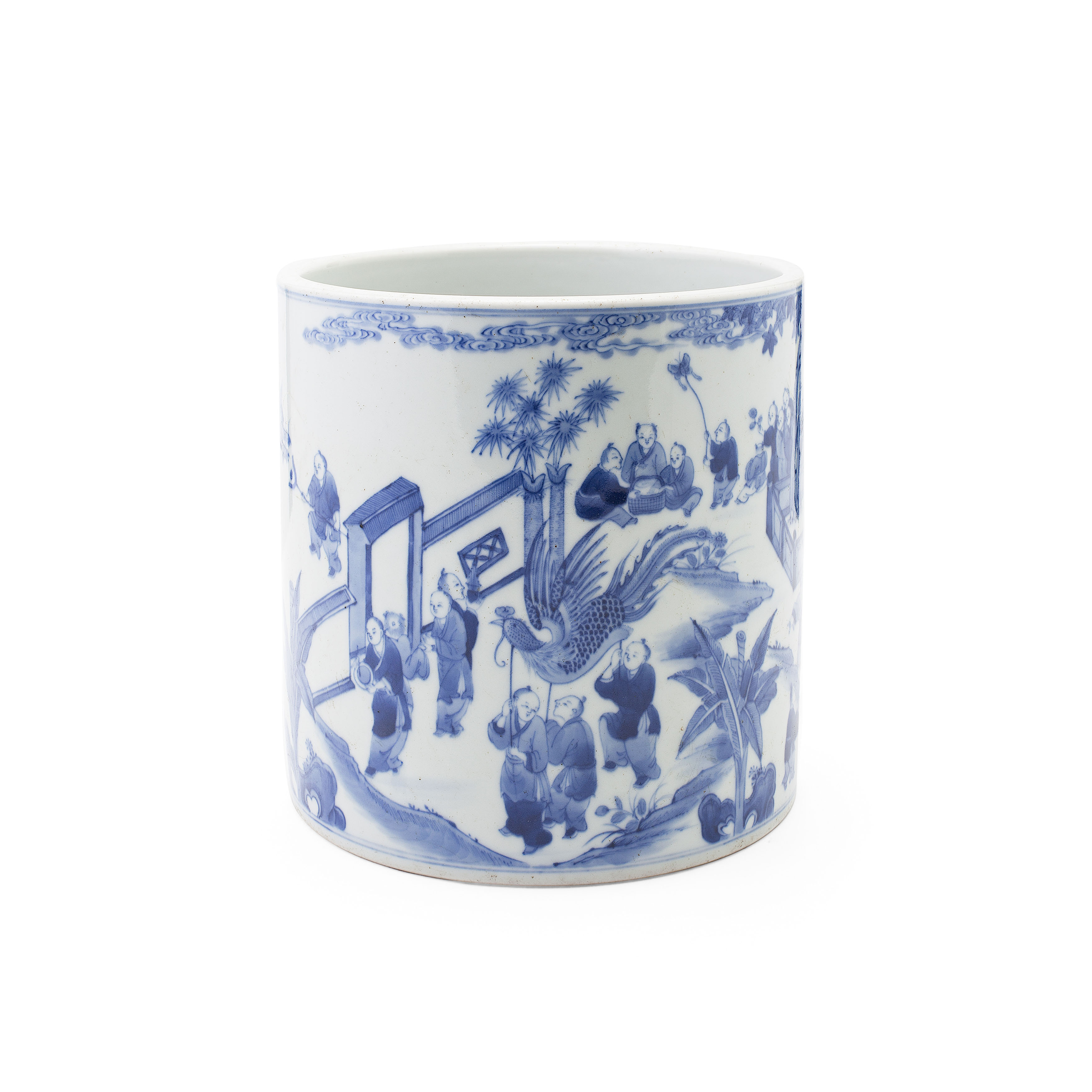 CHINESE BLUE AND WHITE 'HUNDRED BOYS' BRUSH POT