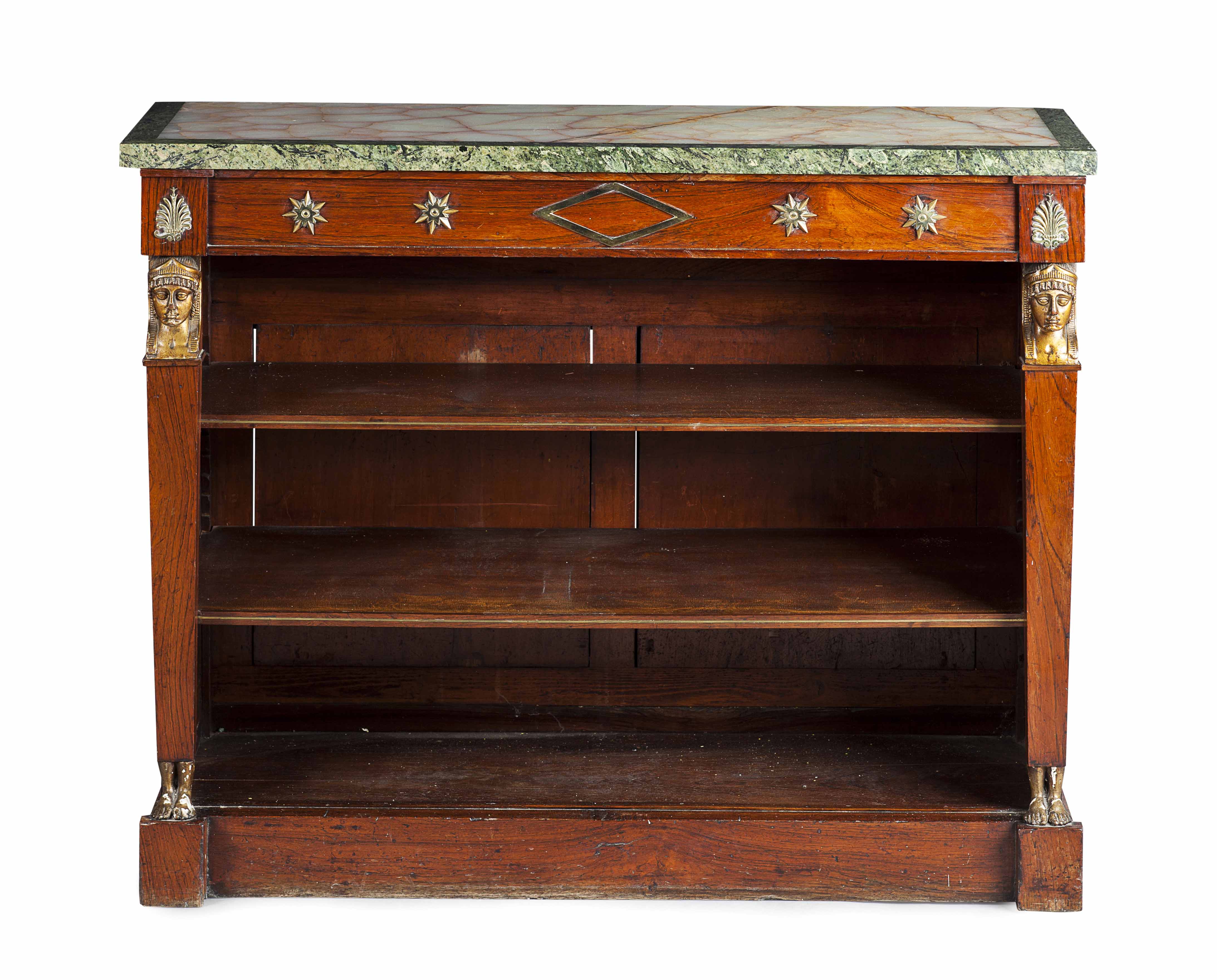 REGENCY MARBLE TOPPED ROSEWOOD AND PARCEL GILT OPEN BOOKCASE