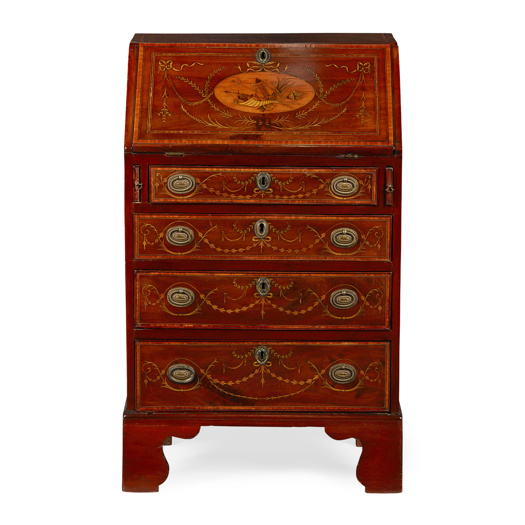 SMALL GEORGE III STYLE MAHOGANY AND SATINWOOD INLAID BUREAU