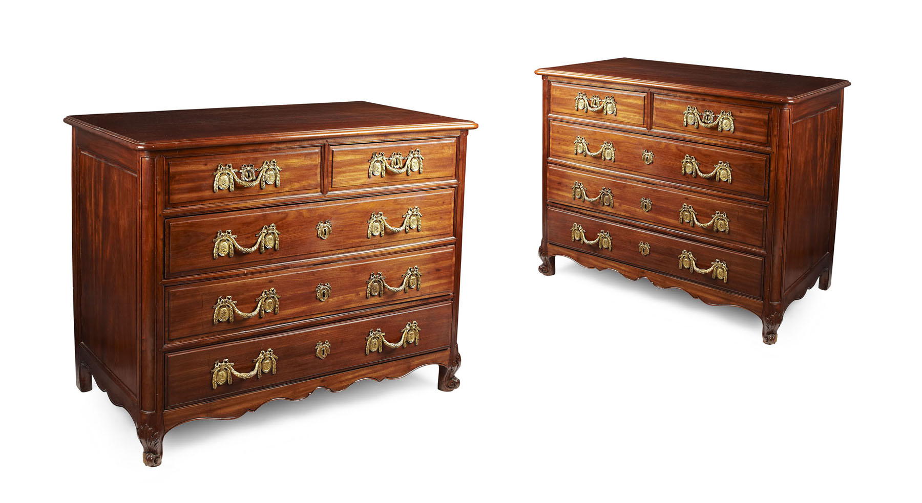 PAIR OF LARGE LOUIS XV STYLE MAHOGANY GILT BRONZE MOUNTED COMMODES