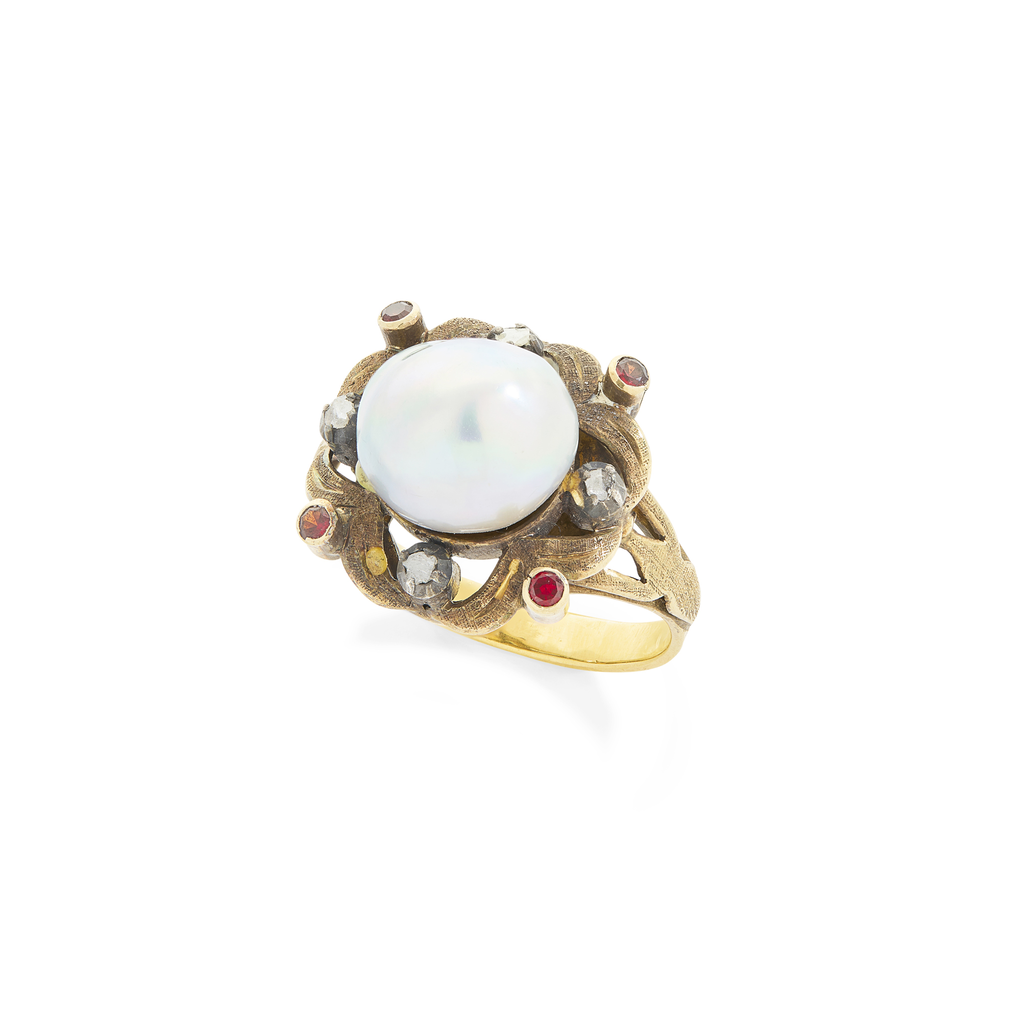 A pearl, ruby and diamond dress ring