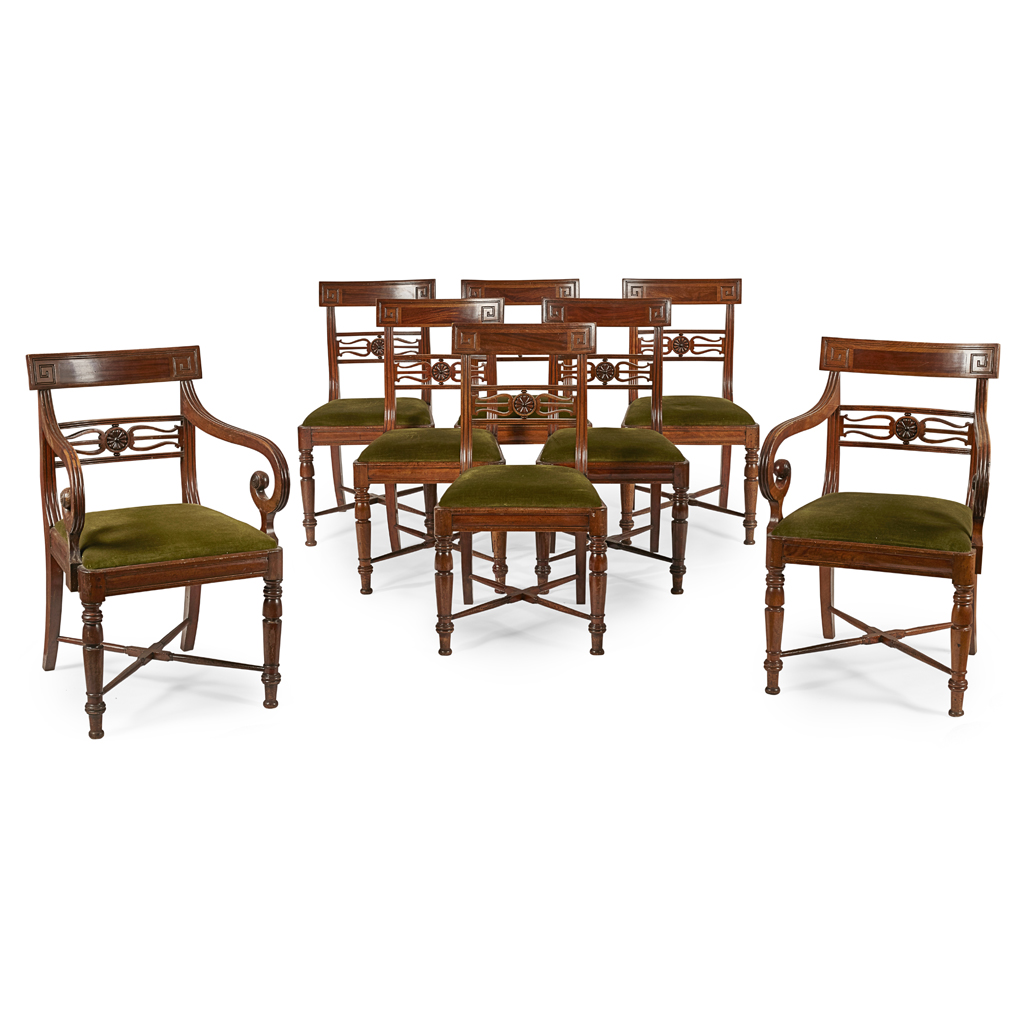 SET OF EIGHT REGENCY MAHOGANY AND SATINWOOD DINING CHAIRS