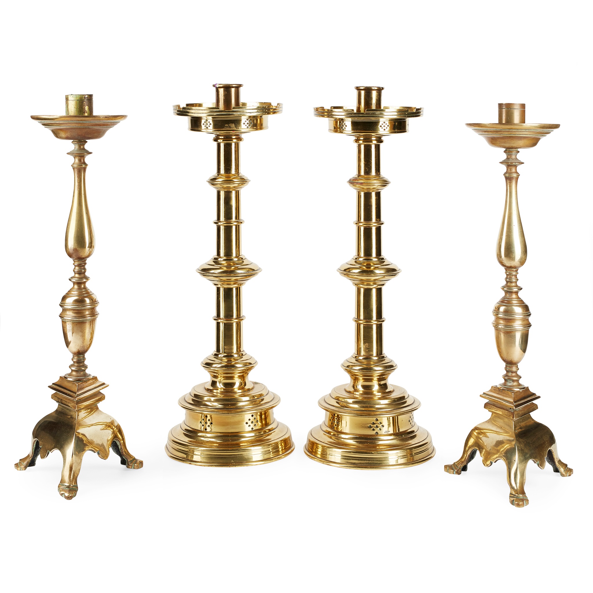 PAIR OF GOTHIC REVIVAL BRASS CANDLESTICKS, POSSIBLY HARDMAN & SONS