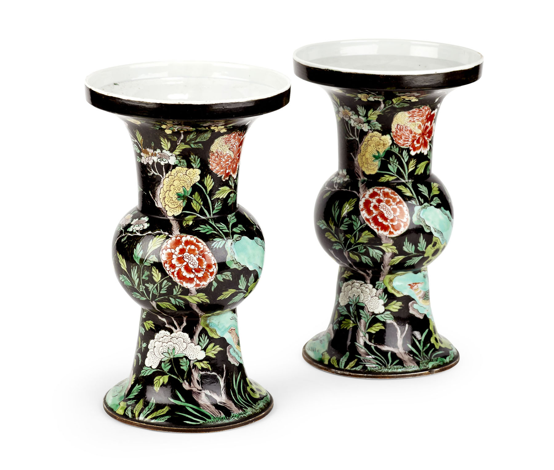 PAIR OF CHINESE FAMILLE NOIRE PORCELAIN SLEEVE VASES