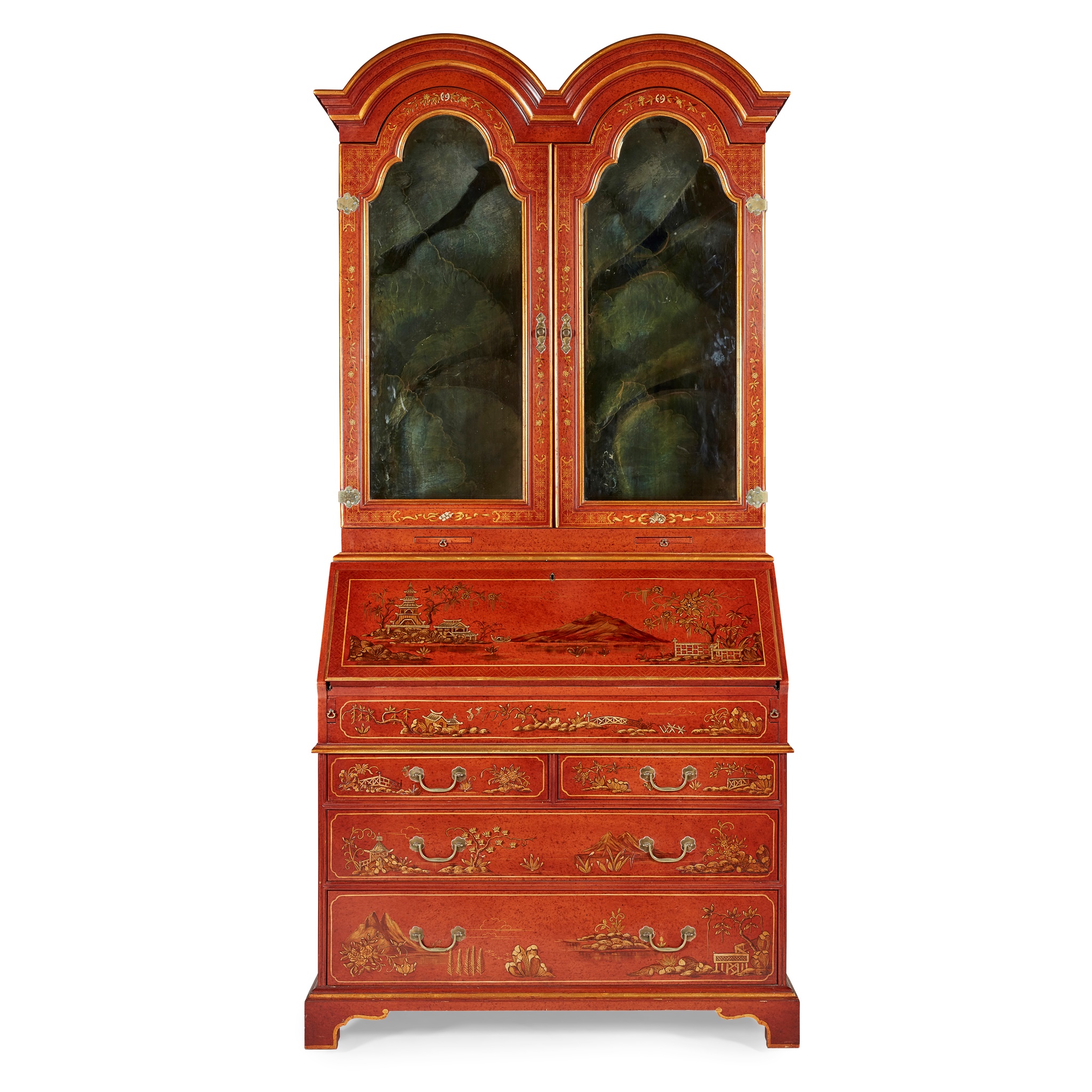 GEORGE I STYLE RED JAPANNED BUREAU BOOKCASE