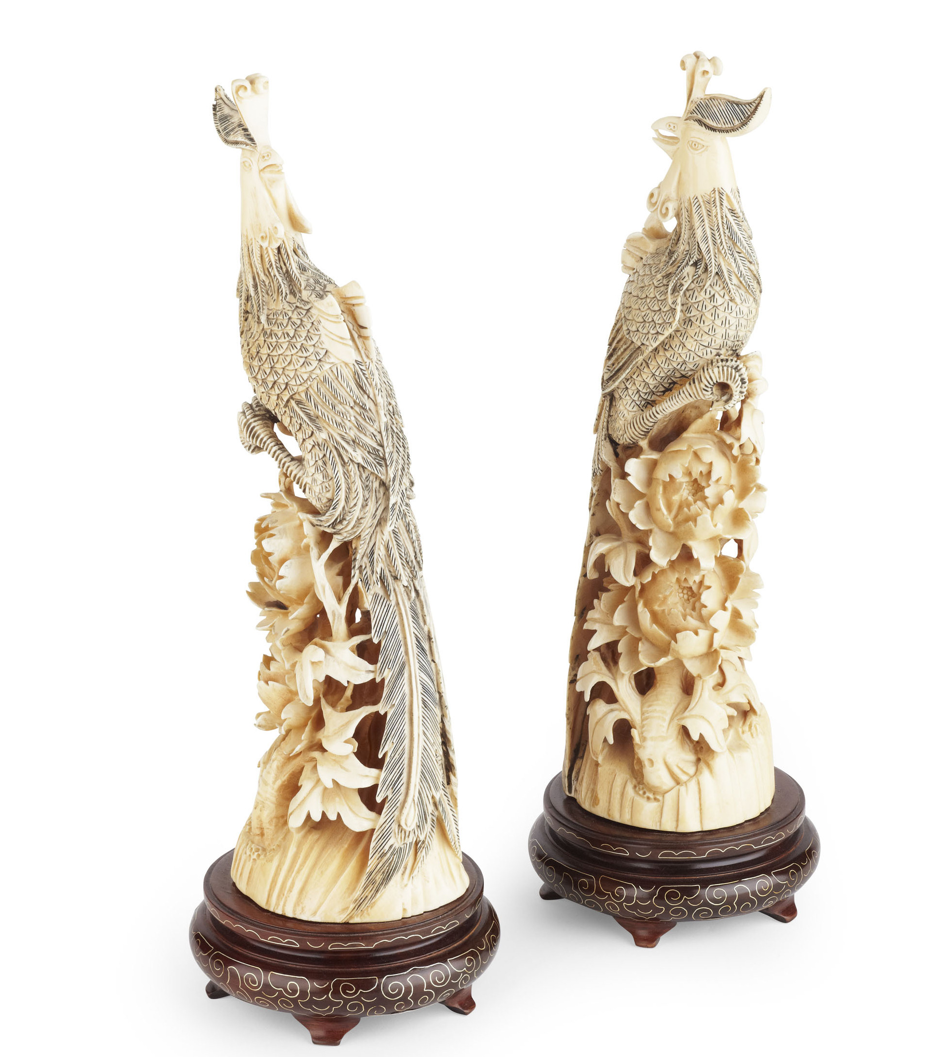 PAIR OF CHINESE IVORY PHOENIXES