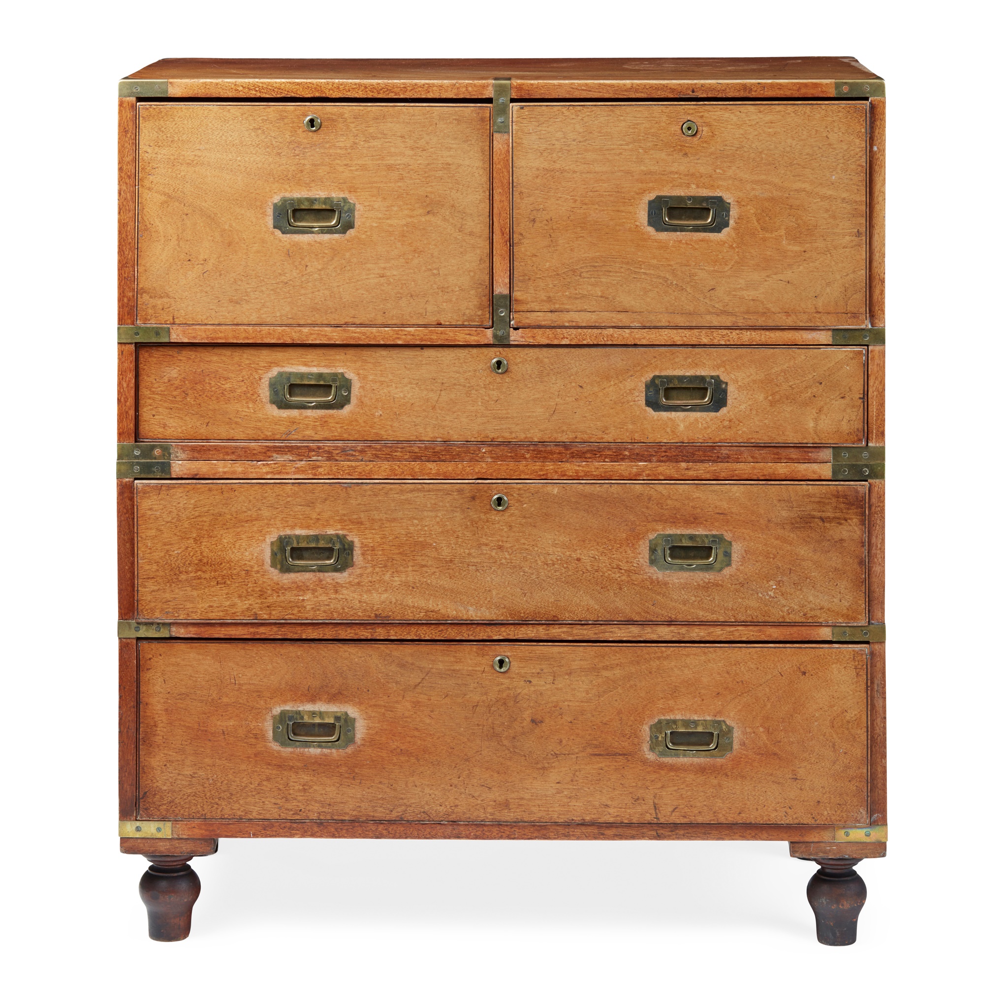 TEAK AND BRASS CAMPAIGN SECRETAIRE CHEST OF DRAWERS