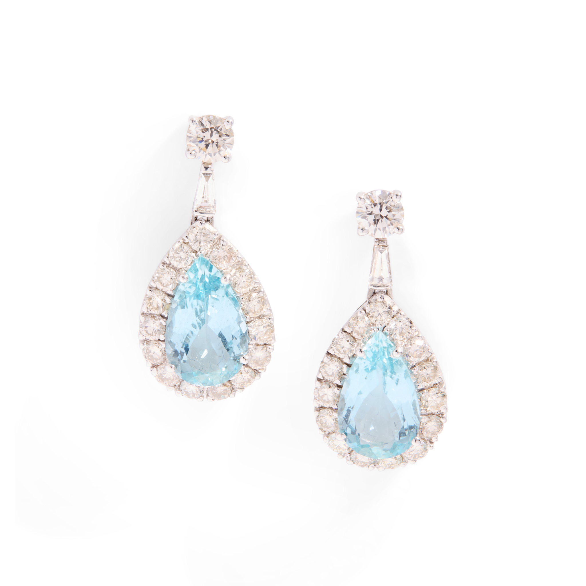 A pair of aquamarine and diamond pendent earrings