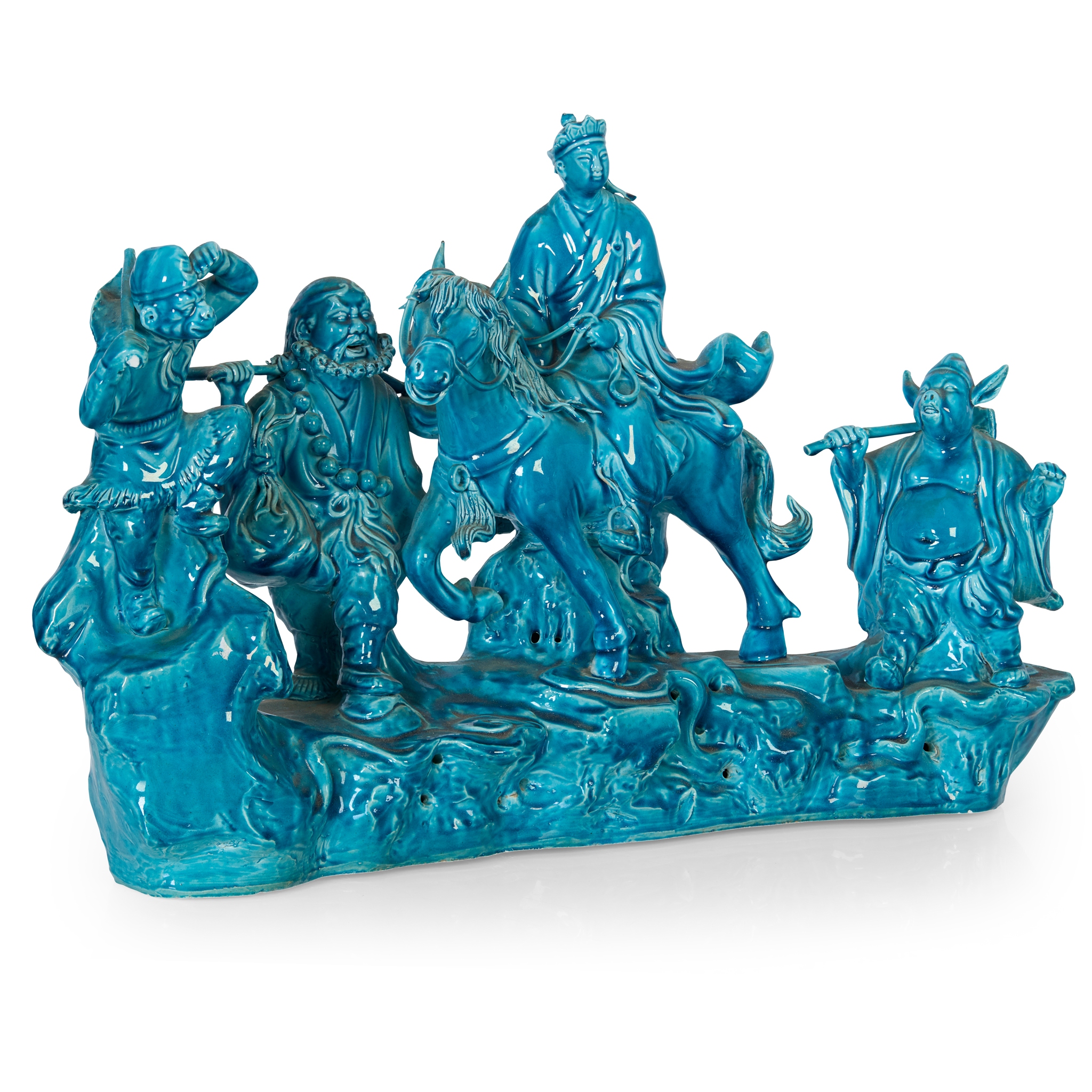 LARGE CHINESE TURQUOISE-GLAZED 'JOURNEY TO THE WEST' FIGURAL GROUP