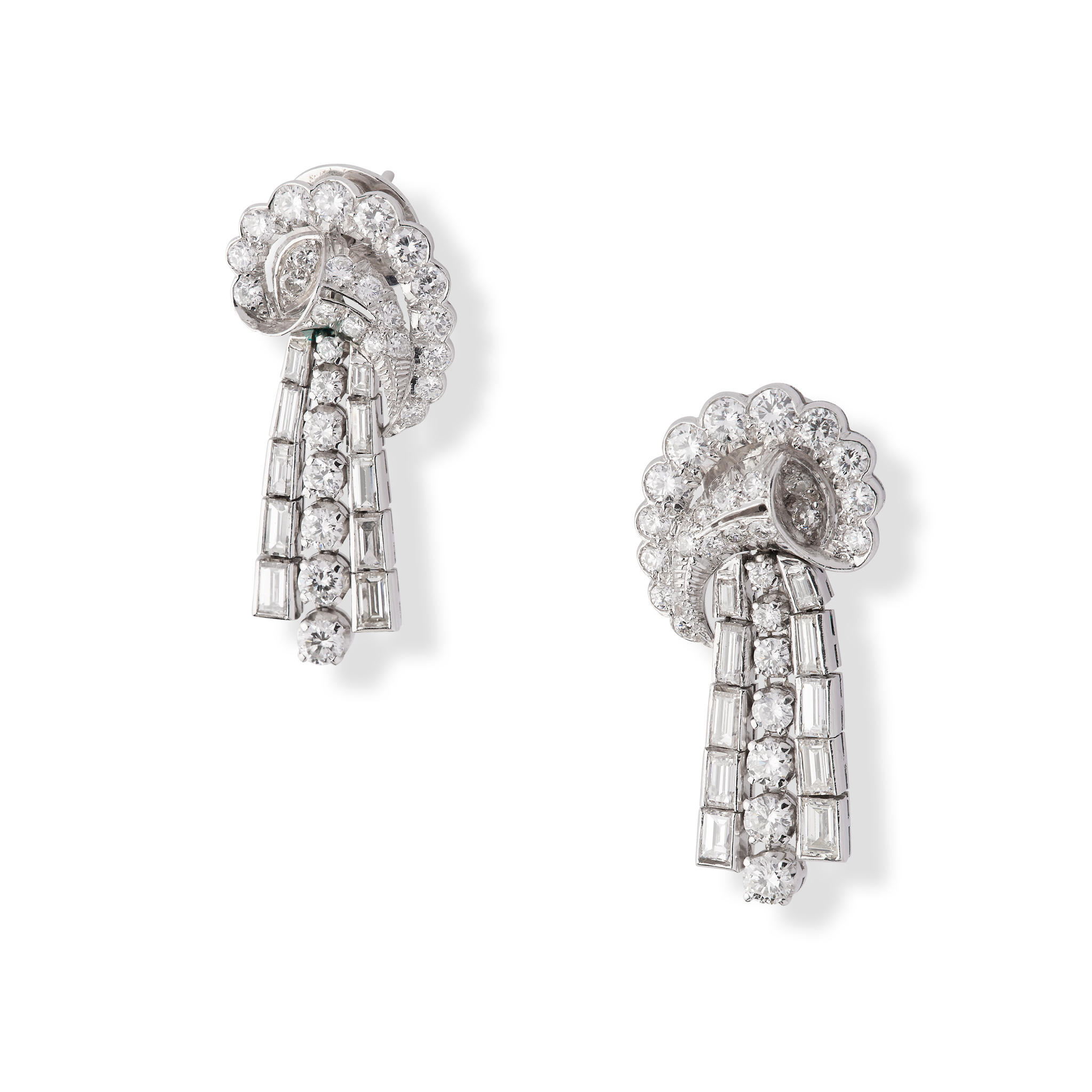 A pair of diamond scrollwork pendent earrings, circa 1965