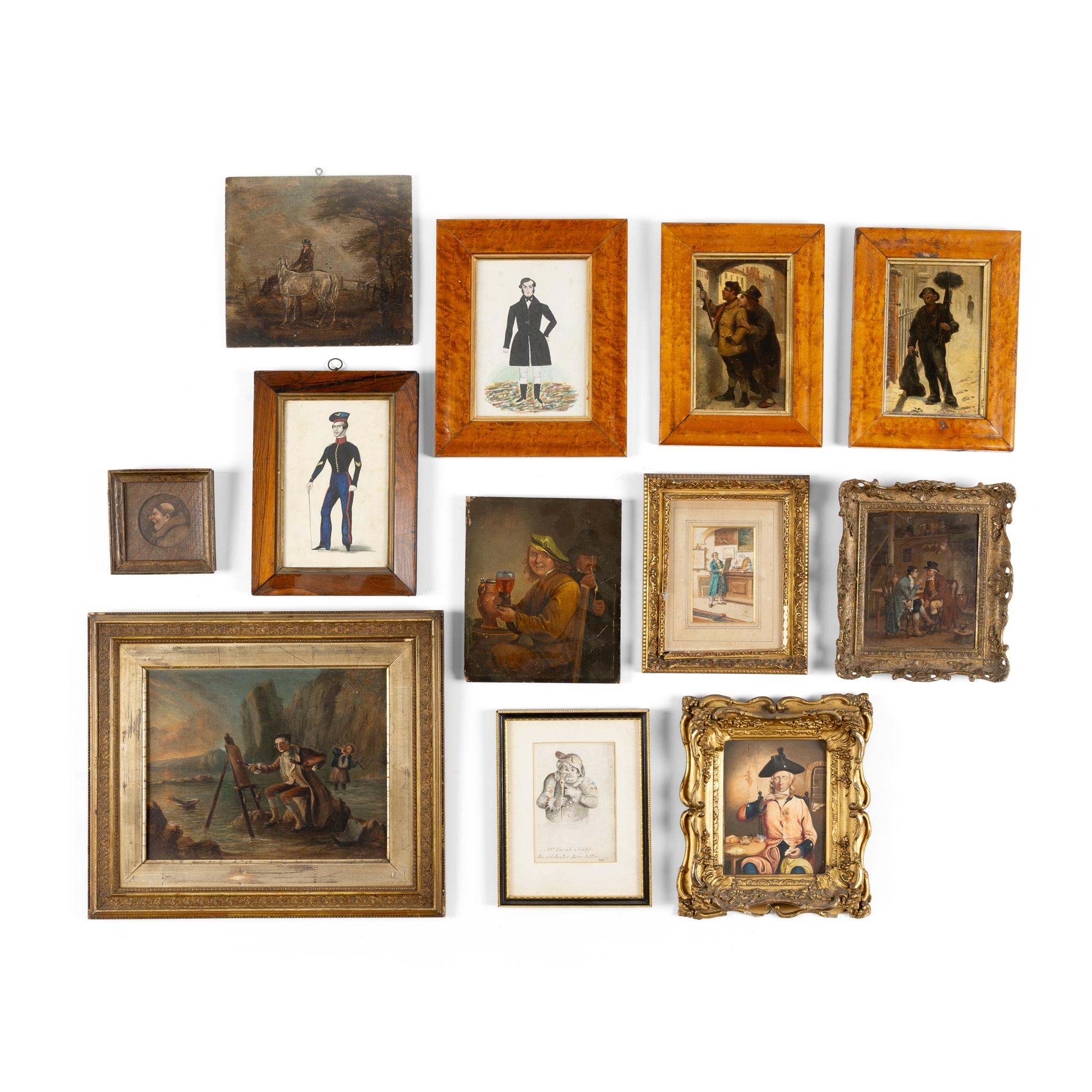 A GROUP OF TWELVE WATERCOLOURS AND OILS OF FIGURAL SUBJECTS