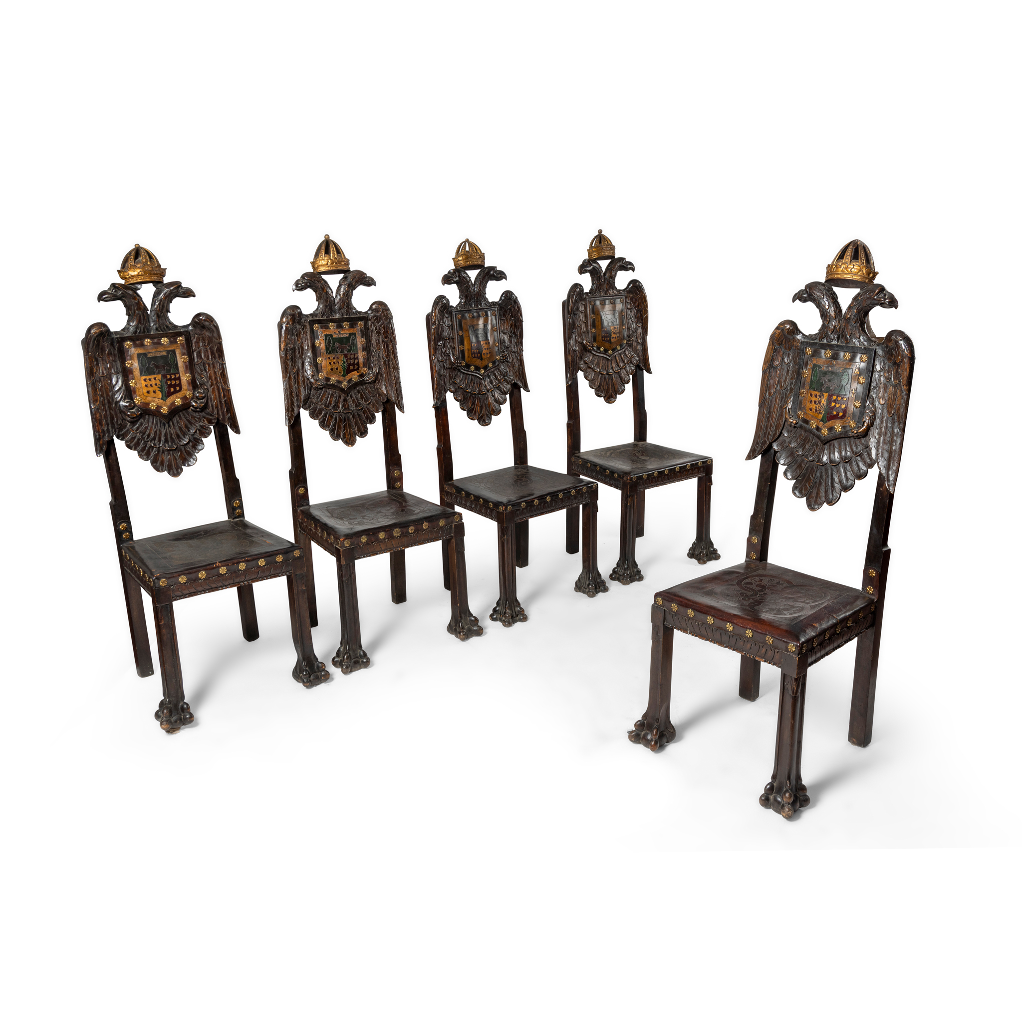 A MATCHED SET OF FIVE CONTINENTAL STAINED WOOD AND LEATHER SIDE CHAIRS