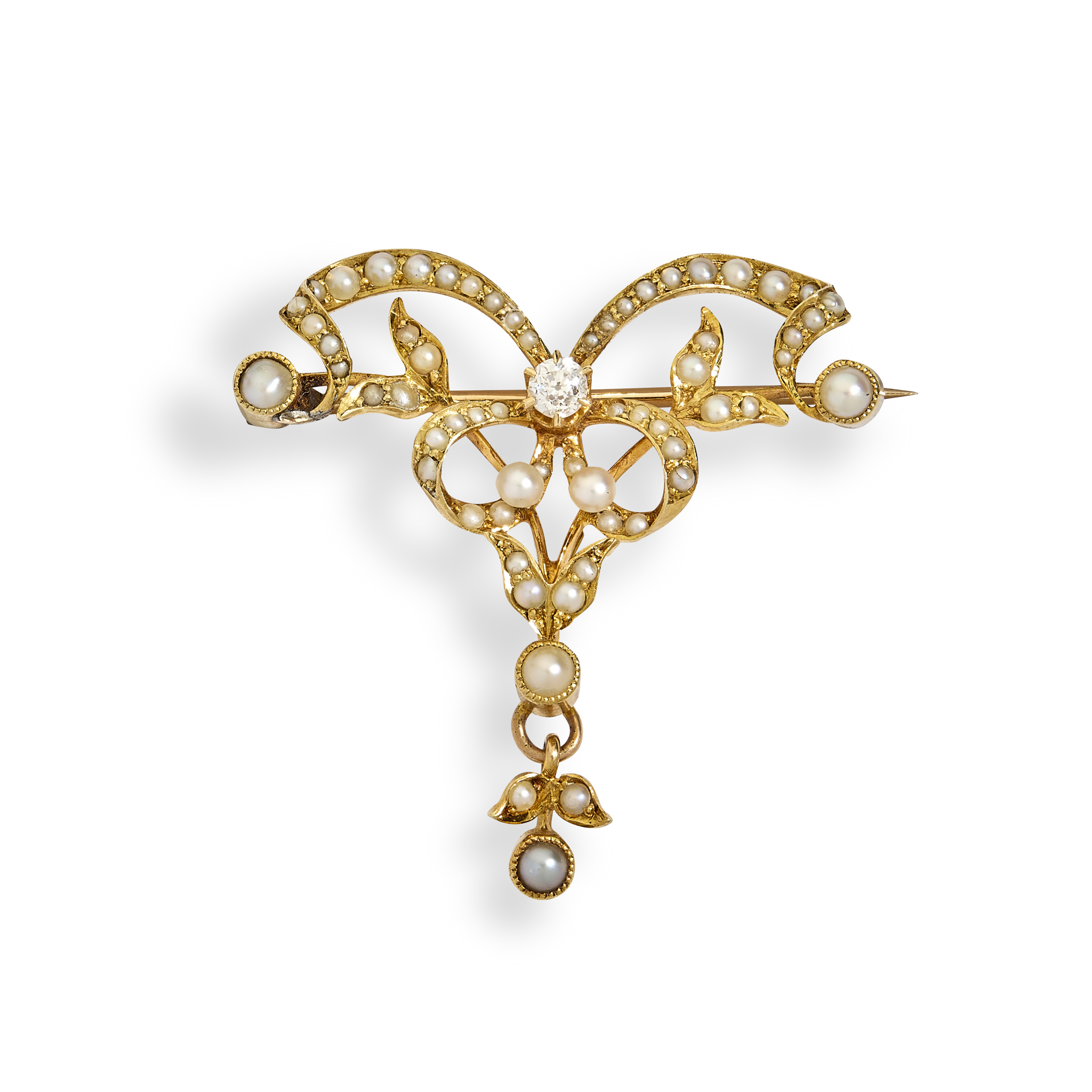 An early 20th century seed pearl and diamond brooch