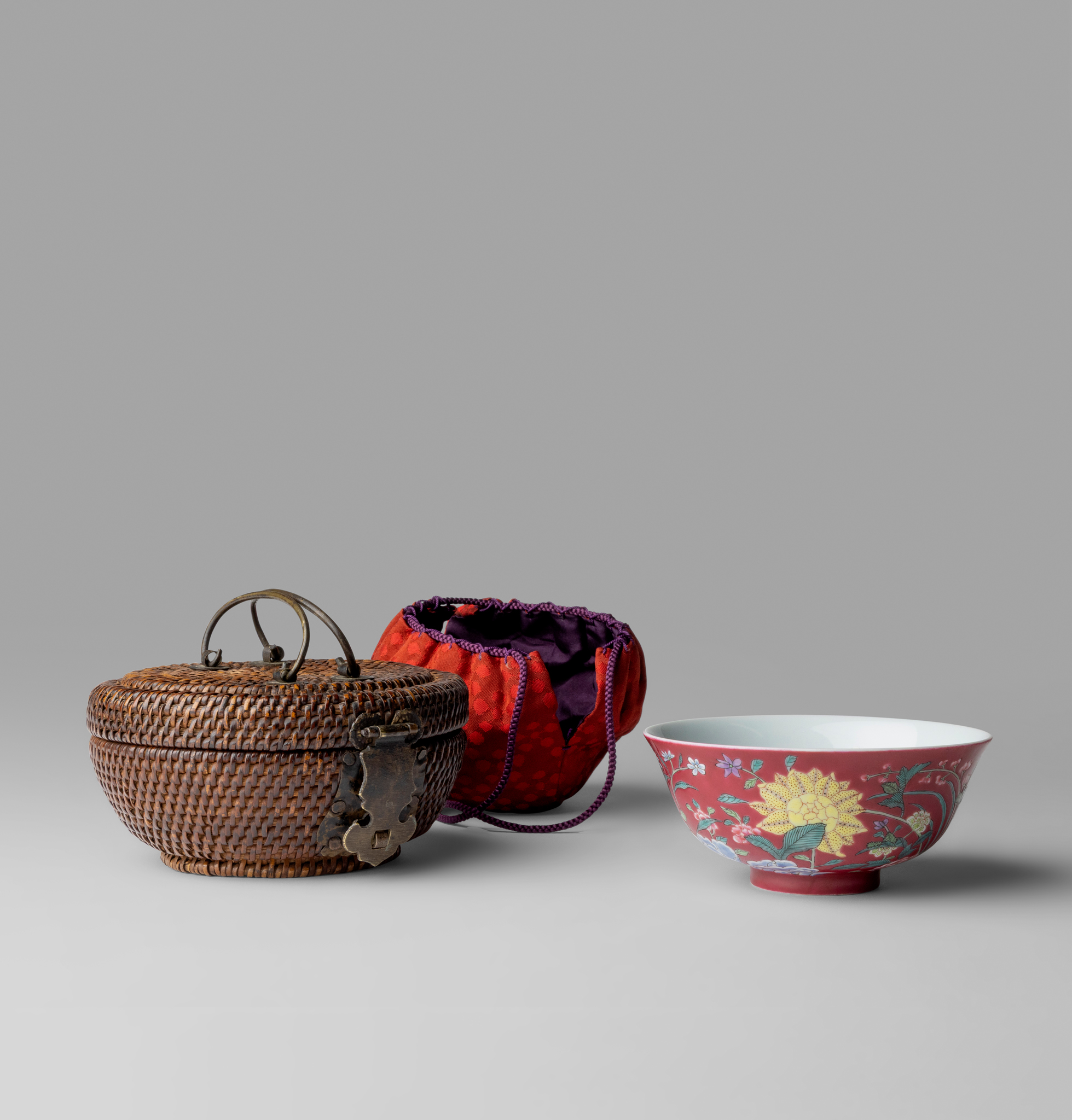 CHINESE RUBY-GROUND YANGCAI 'FLORAL' BOWL