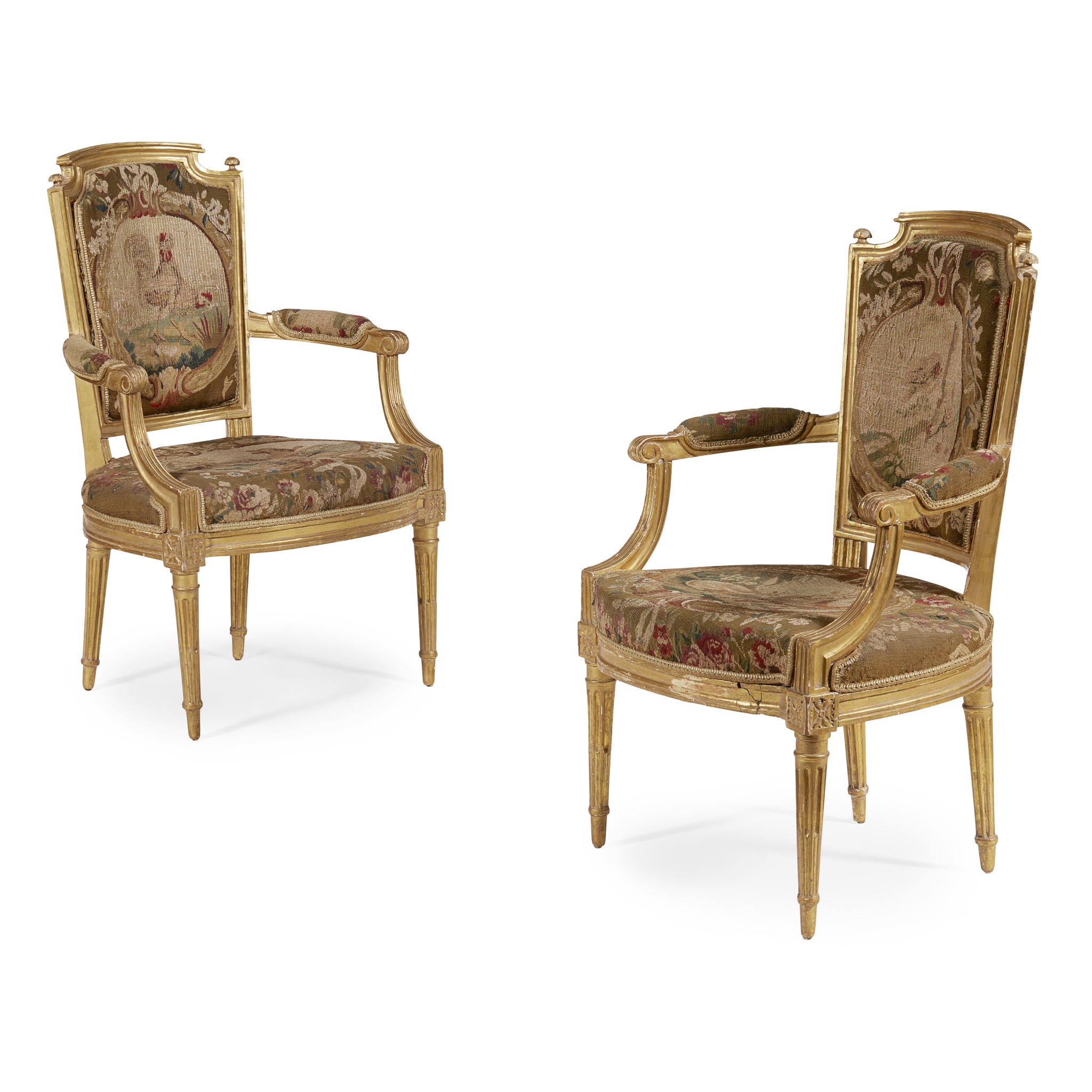 PAIR OF LOUIS XVI GILTWOOD AND AUBUSSON TAPESTRY FAUTEUILS