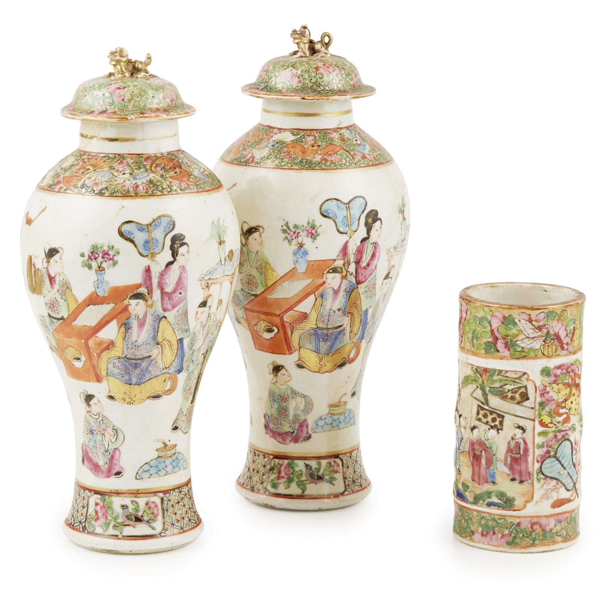 PAIR OF CANTON FAMILLE ROSE VASES AND COVERS