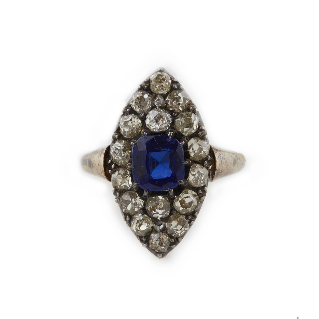 A 19th century blue glass and diamond set cluster ring