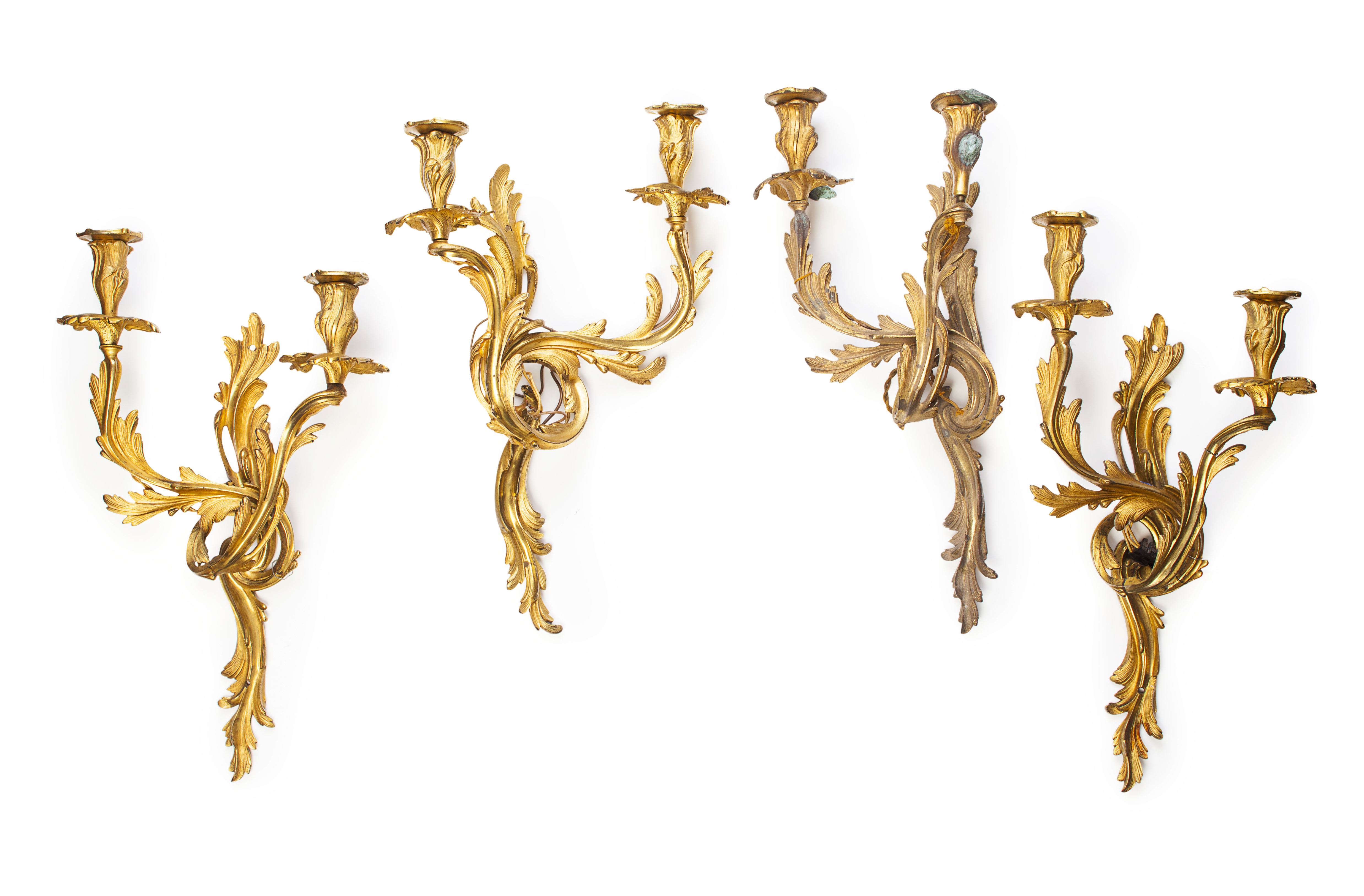 SET OF FOUR LOUIS XV STYLE GILT BRONZE WALL LIGHTS